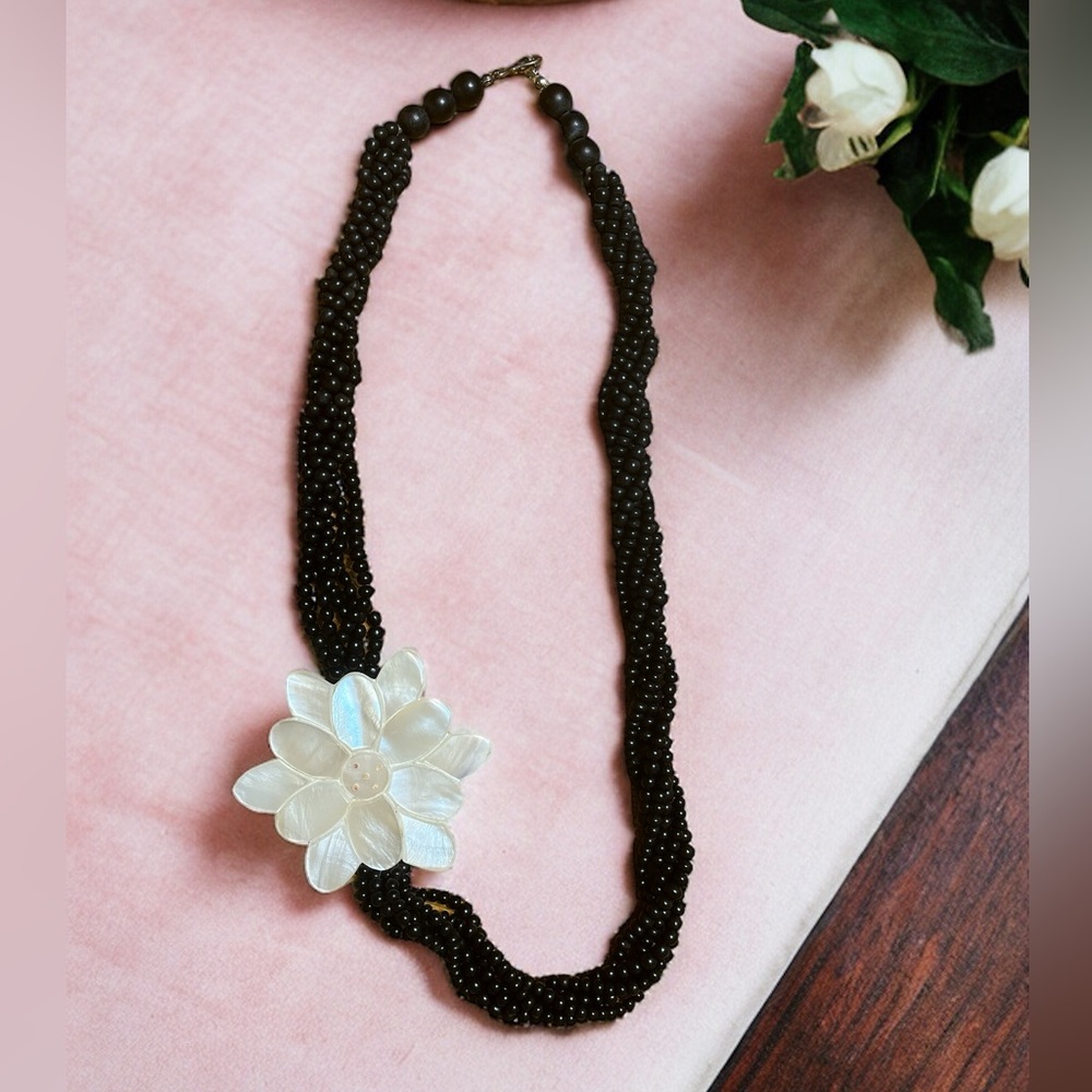Unsigned Karla Jordan Black Beaded Multi Strand Large Floral Statement Necklace